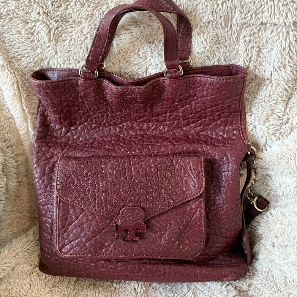 Tory Burch Plum / Burgundy Pebbled Leather Fold Over Crossbody
